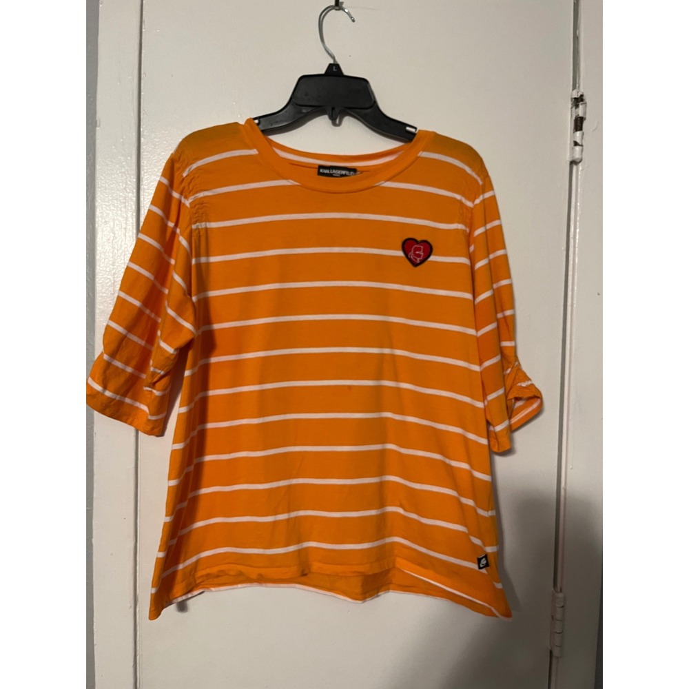 Karl Lagerfeld Paris Orange White Striped Heart Patch Ruched Sleeve Tee XL